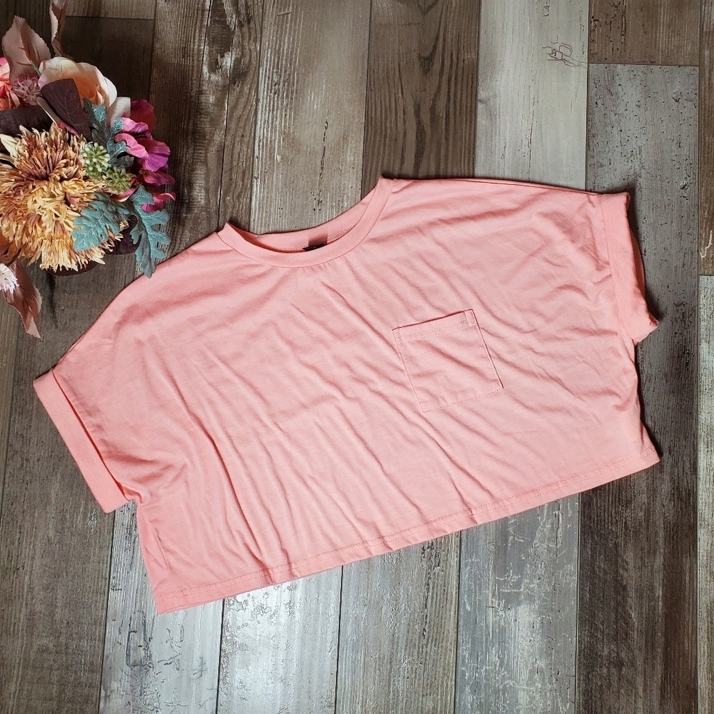 SHEIN Batwing Sleeve Pocket Patched Crop Tee Coral Pink Size Medium NWOT - Picture 12 of 16